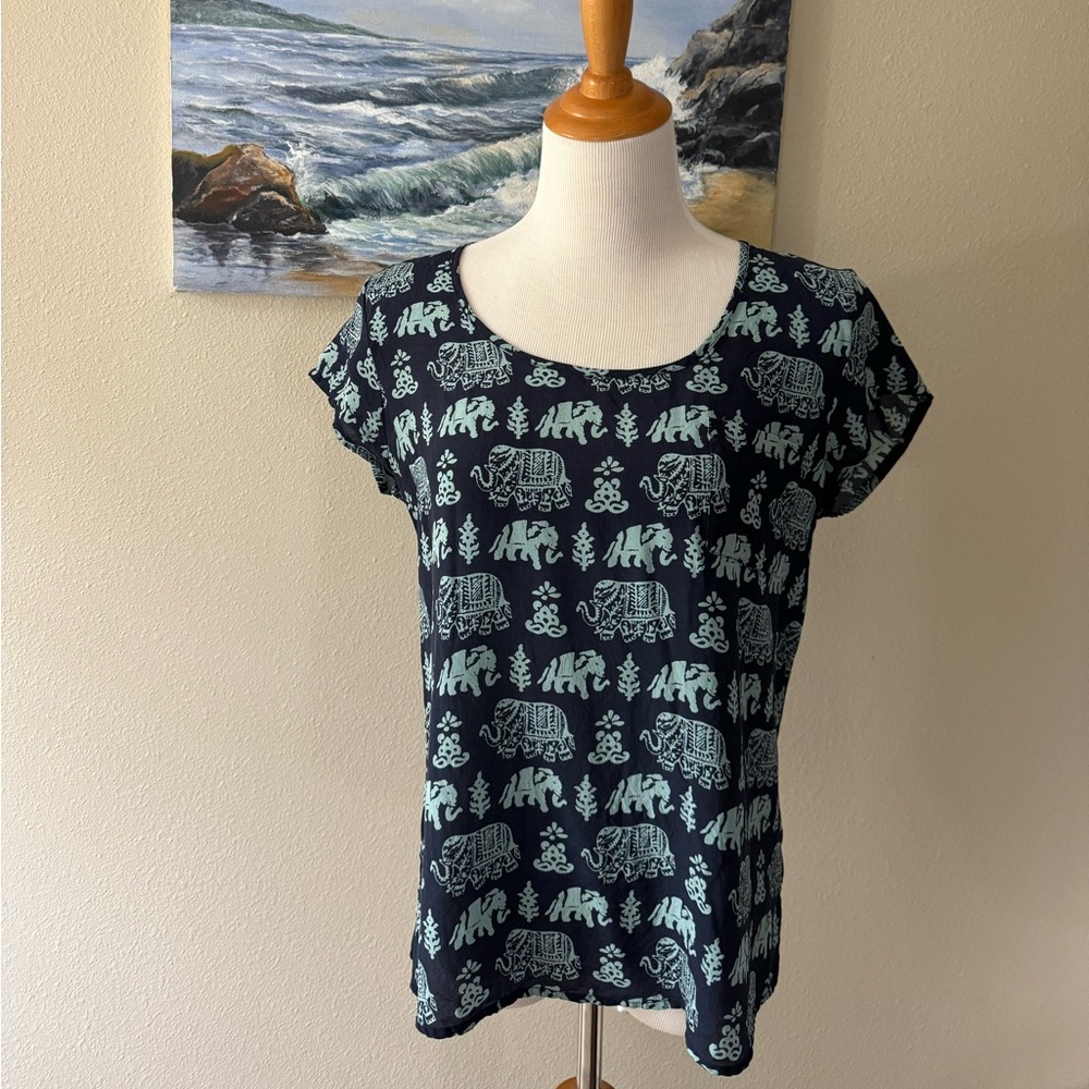 Lucky Brand navy silk blouse with elephants
